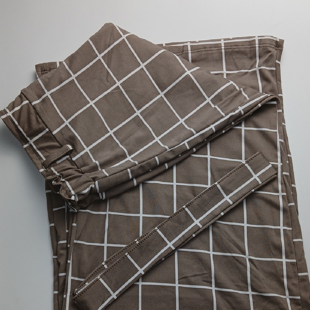 Taupe and White Wide Leg Pants with Geometric Pattern